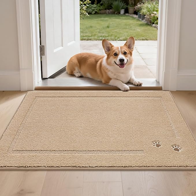 BEQHAUSE Dog Door Mat for Muddy Paws 24"x36" Dirt Trapper Absorbent Doormat Non Slip Entryway Rugs Washable Stain Resistant Welcome Floor Mat Soft Low-Profile for Front Back Door, Beige