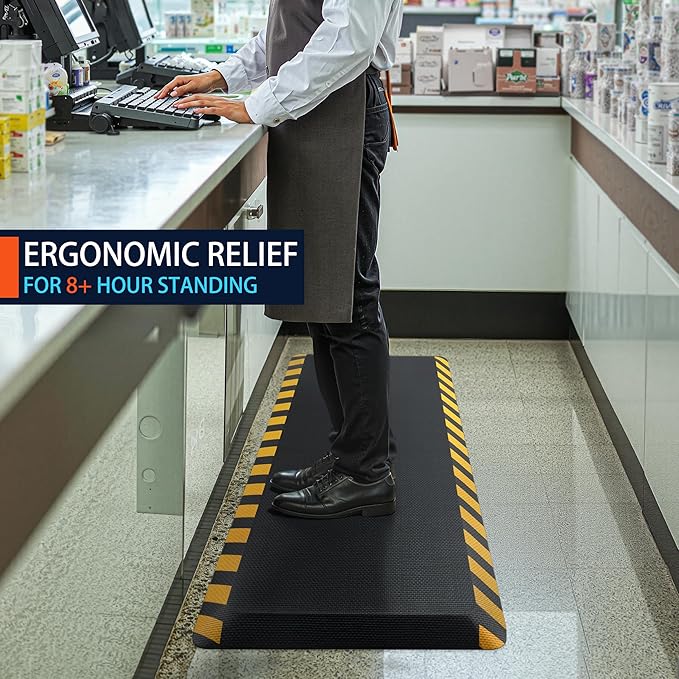 FEATOL Anti Fatigue Mat Industrial, Ergonomic Standing Floor Mat for Work for Stand -Safety Support for Leg & Back Pain(Yellow Border, 20" x 48", 2PC)