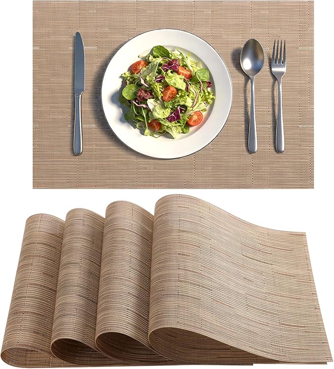 Timeet Placemats Set of 4, Heat Resistant Non-Slip Place Mats, Durable Washable PVC Vinyl Woven Table Mats, Linen Textured Table Placemats for Dining Kitchen Resistant Easy to Clean(Brown)
