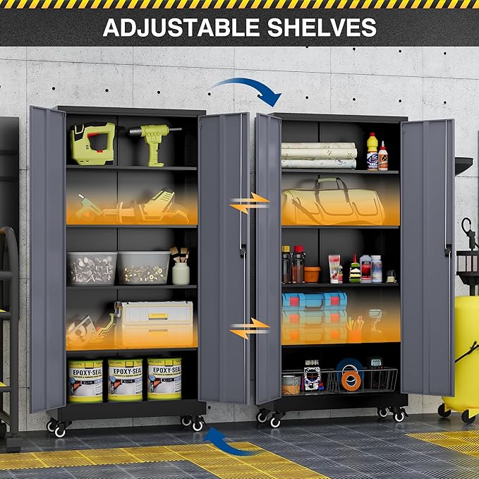 Metal Rolling Storage Cabinet-74.6” Tall Steel File Cabinets with Wheels Lockable Doors and Adjustable Shelves-Black & Gray Steel Storage Cabinet for Home, School, Office, Garage