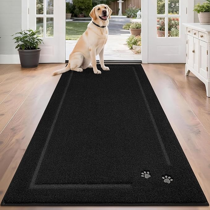 BEQHAUSE Dog Door Mat for Muddy Paws 32"x70" Dirt Trapper Absorbent Doormat Non Slip Entryway Rugs Washable Stain Resistant Welcome Floor Mat Soft Low-Profile for Front Back Door, Black