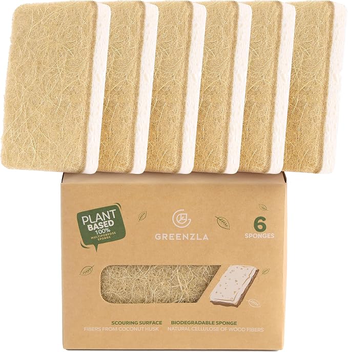 GREENZLA 6 Pack Kitchen Sponges | Non-Scratch Hemp & Sisal | Dual-sided: by GREENZLA