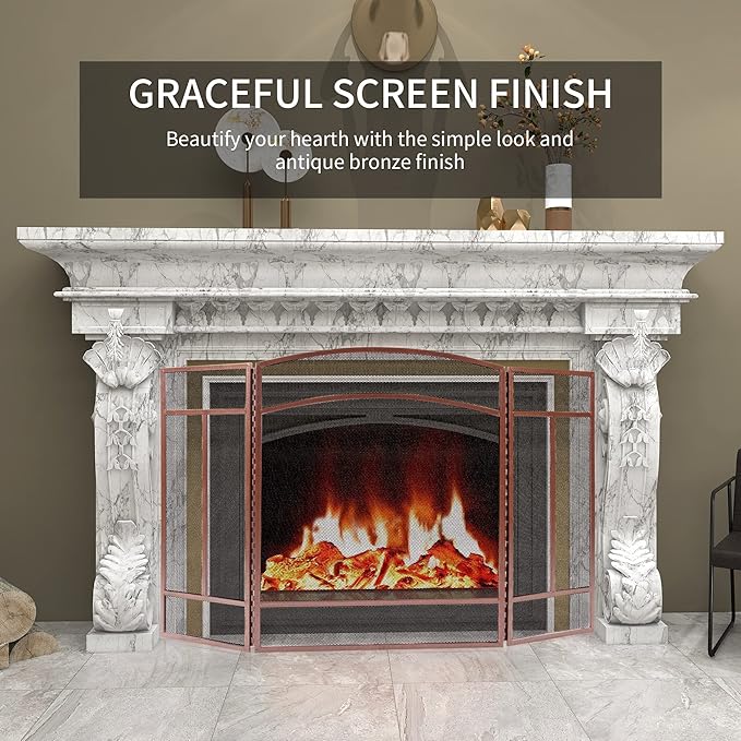 Fire Beauty Fireplace Screen 3 Panel Wrought Iron 48"(L) x 29"(H) Spark Guard Cover(Antique Bronze)
