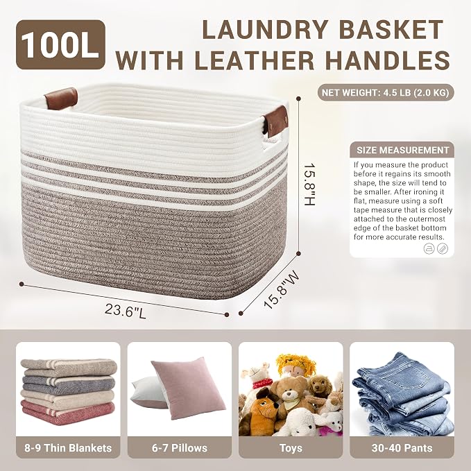 100L Woven Laundry Basket Hamper - Image 2