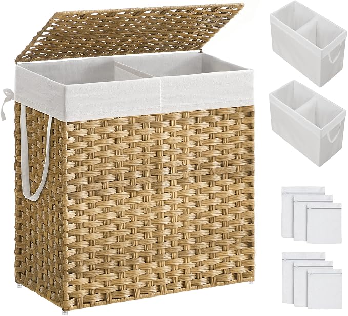 SONGMICS Laundry Hamper with Lid, 110L Double Wicker Basket, 6 Mesh Bags by Unknown