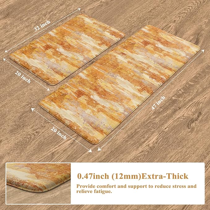 Collive Kitchen Mats Cushioned Anti Fatigue, Fall Modern Abstract Kitchens Floor Mat Non Skid Waterproof Sink Rugs, Memory Foam Comfort Standing Carpet for Office, 20" x 47" + 20" x 32"-Orange