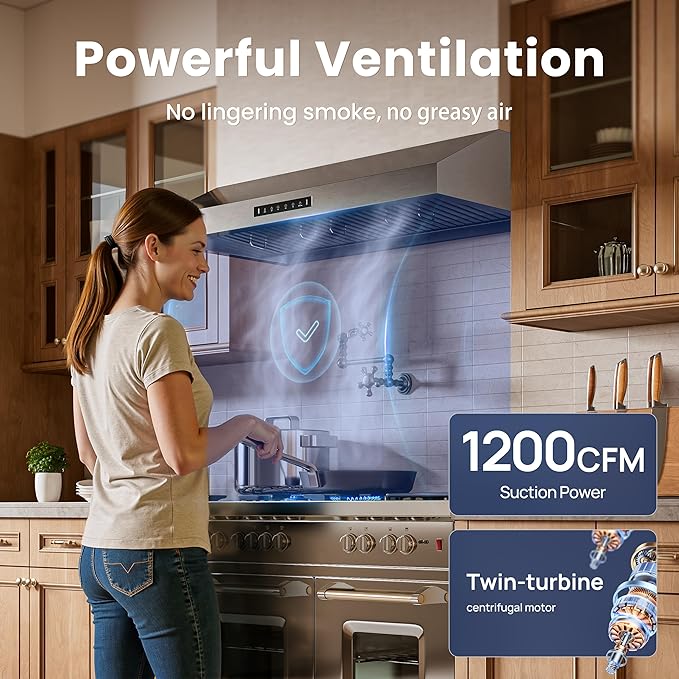 Range Hood 36 inch,1.5 Sones Quiet for Stove Vent Hood,Black Stainless Steel (PVD) Kitchen Exhaust Hood with 1200 CFM, Hood Vent with 3 Speed Gesture Sensing&Touch Control Panel