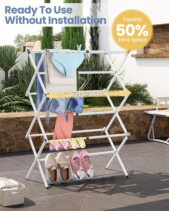 Oversize 3-Tier Clothes Drying Rack, No Install, Non-slip feet, Tool-free Setup - Image 5