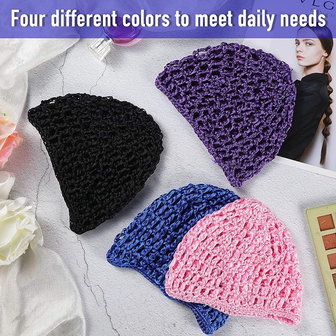 Geyoga 4 Pieces Mesh Crochet Hair Net Rayon Knit Snood Hat Thick Short Women Hairnet Snoods Cover Ornament for Sleeping (Pink, Black, Blue, Purple)