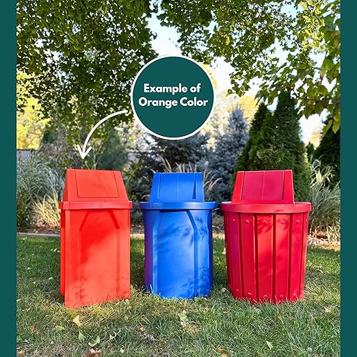 32 Gallon Square 100% Recycled Plastic Heavy Duty Indoor or Outdoor Commercial Trash Can with Push Lid | Great for Schools and Businesses - Orange