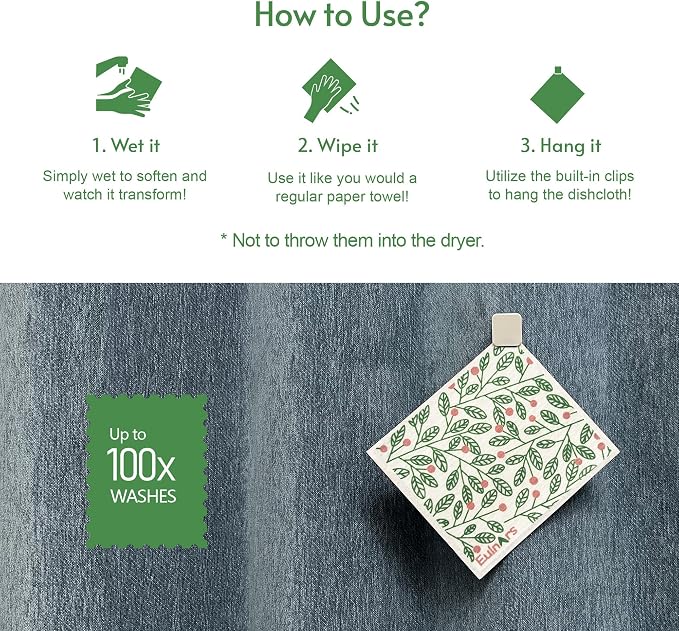 Eulnars Swedish Dishcloths for Kitchen, 8 Pack Green Reusable Paper Towels - Image 4