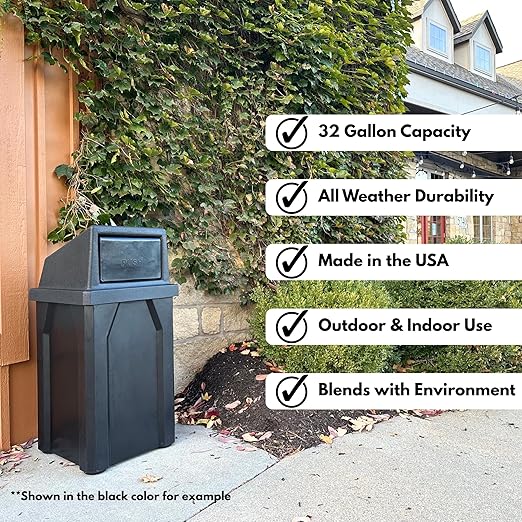 32 Gallon Square 100% Recycled Plastic Heavy Duty Indoor or Outdoor Commercial Trash Can with Push Lid | Great for Schools and Businesses - Brown