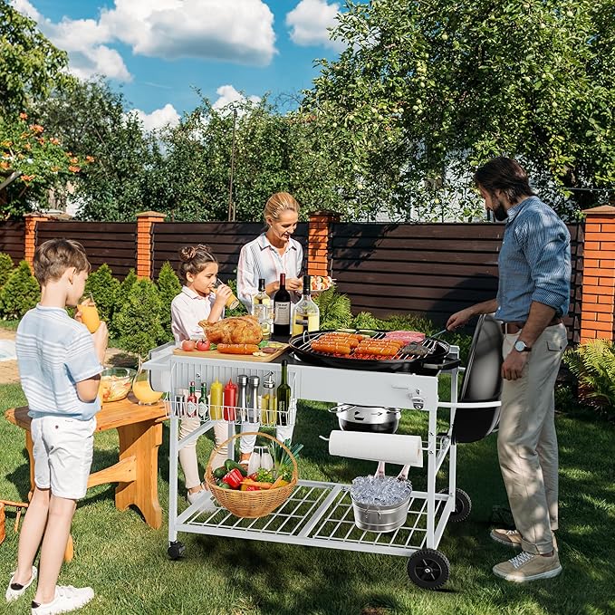 JY QAQA Grill Table for Weber 22" & 18" Original Kettle, Stand Cart for Jumbo Joe, Master-Touch, Performer Charcoal Grills with Sliding Lid Rack, Spacious Surface, Lockable Wheels for Outside