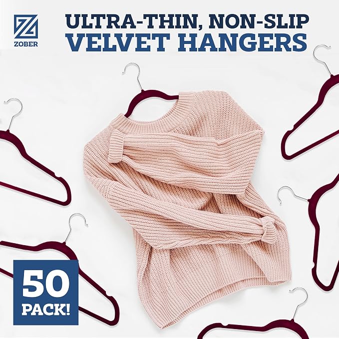Zober Burgundy Velvet Hangers 50 Pack, Slim Non Slip Clothes Hangers | Slim - Image 2