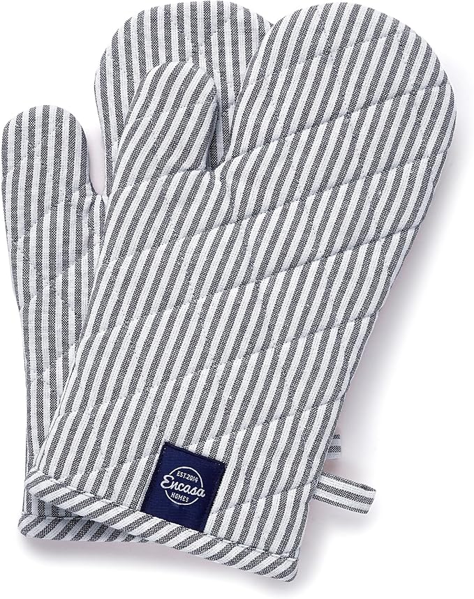 Encasa XO Long 12"x7" Oven Microwave Hand Gloves Mitts (2 pc Set) for Kitchen Cooking & Baking - Heat Resistant, Thick & Safe, Protection of Hands from Hot Utensils - Ticking Navy Blue