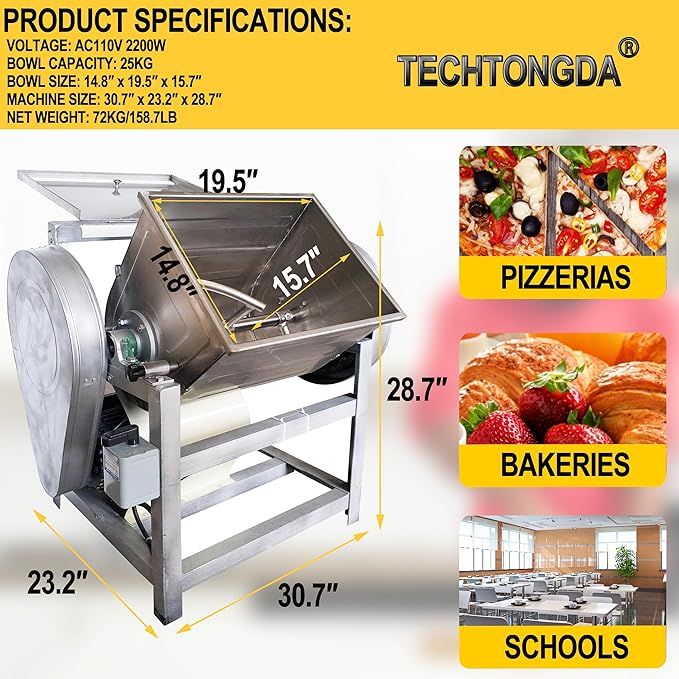 TECHTONGDA 110V Commercial Dough Mixer Machine 25KG Kneading Capacity Flour Mixer 2200W Pizza Dough Mixer with 304 Stainless Steel Bucket and Twisted Mixer for Professional Kitchen Equipment