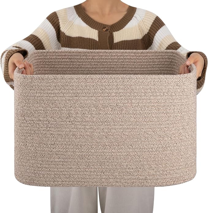 OIAHOMY Cotton Rope Basket Rectangle Blanket Basket living Room Brown by MasterofSpaceOptimization