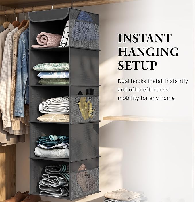 Simple Houseware 5 Shelf Hanging Closet Organizer, Dark Gray | 360° Rotating - Image 6
