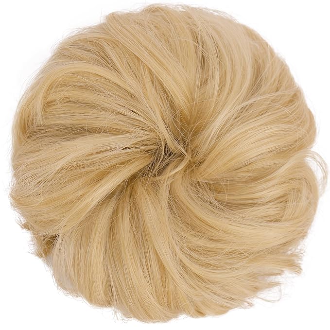 FESHFEN Large Messy Bun Hair Piece - Wavy Synthetic Chignon Scrunchies Elastic Ponytail Hair Extensions Thick Hairpieces for Women, Champagne Blonde 1.94oz