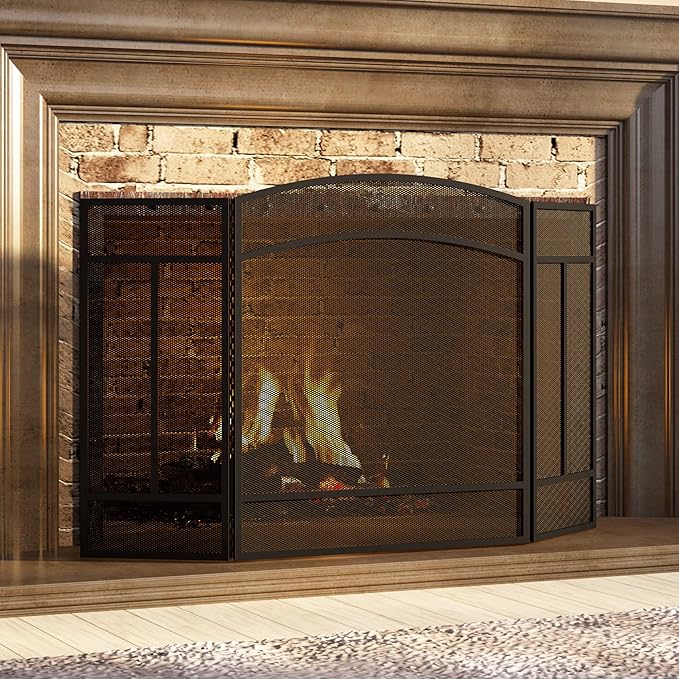 Fire Beauty Fireplace Screen 3 Panel Wrought Iron 48"(L) x 29"(H) Spark Guard Cover(Sanded Black)