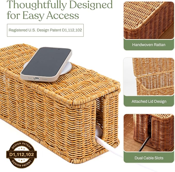 2PCS Cable Management Box Set, Handmade Rattan Cord Organizer | Large & - Image 6