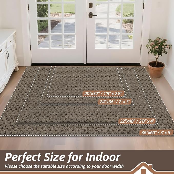 BEQHAUSE Dirt Trapper Door Mat Non-Slip Entryway Rugs Stain Resistant Absorbent Dog Doormats Woven-Look Washable Welcome Floor Doormat for Front Back Door, Muddy Wet Shoes & Paws, 32" x 48", Brown