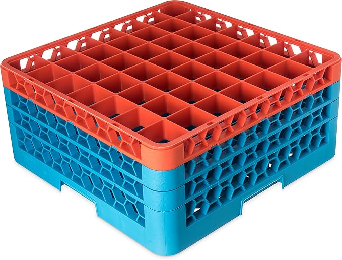 CFS RG49-3C412 OptiClean 49 Compartment Glass Rack with 3 Extenders, 8.72", Polypropylene, Orange/CFS Blue