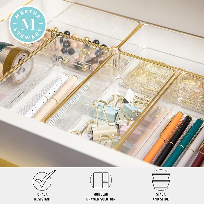 Martha Stewart Kerry Plastic Stackable Office Desk Drawer Organizers, 6 Pack - Image 3