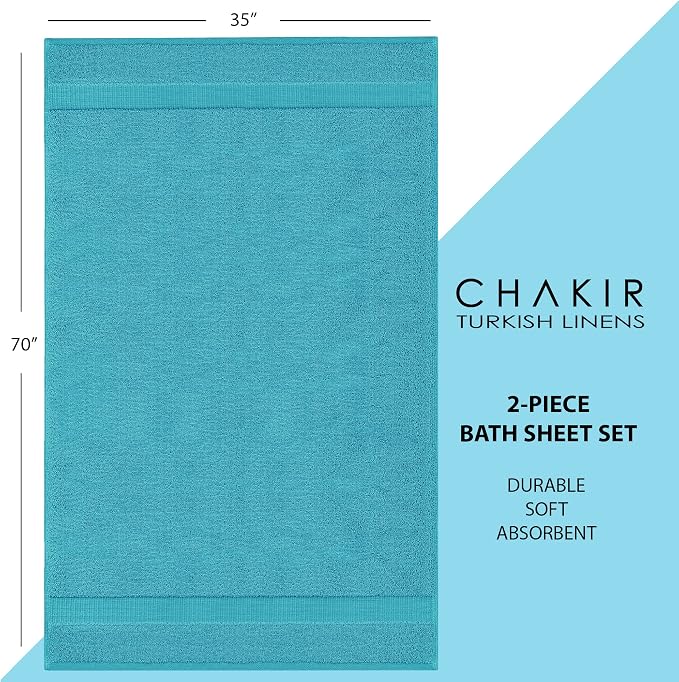Chakir Turkish Linens 100% Cotton 2-Pack Bath Sheets 35x70, Aqua | Premium - Image 6