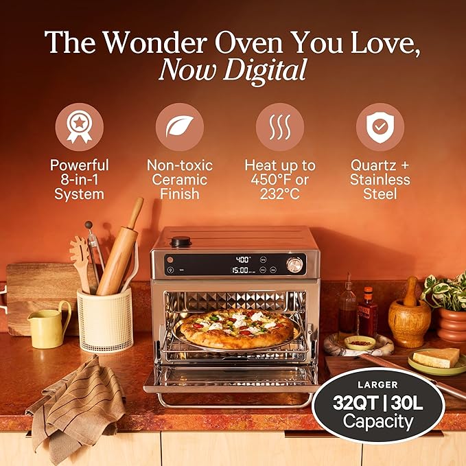 Our Place Wonder Oven Pro | 8-in-1 Digital Air Fryer & Countertop Oven with Basket, Rack, Pan & Tray | 3-Rack, 32 QT - Air Fry, Toast, Roast, Bake, Reheat, Broil, Proof & Dehydrate | Stainless Steel