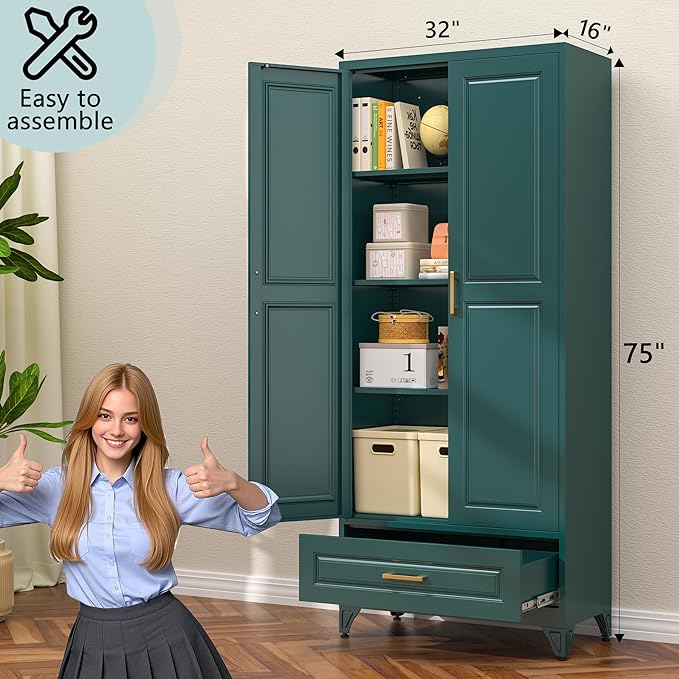75” Kitchen Pantry Storage Cabinet,Metal Tall Storage Cabinet with Drawers and Adjustable Shelves,Modern Kitchen Hutch Cabinets,Freestanding Cupboard for Living Room,Green