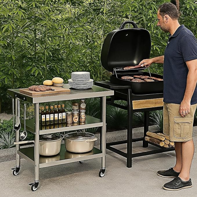 Stainless Steel Table with Wheels for Food Preparation and Work, Multi-Size Optional, Three-Layer Variable Two-Layer Metal Commercial Workbench Outdoor, Restaurant, Kitchen (51" Lx24 Wx34 H)