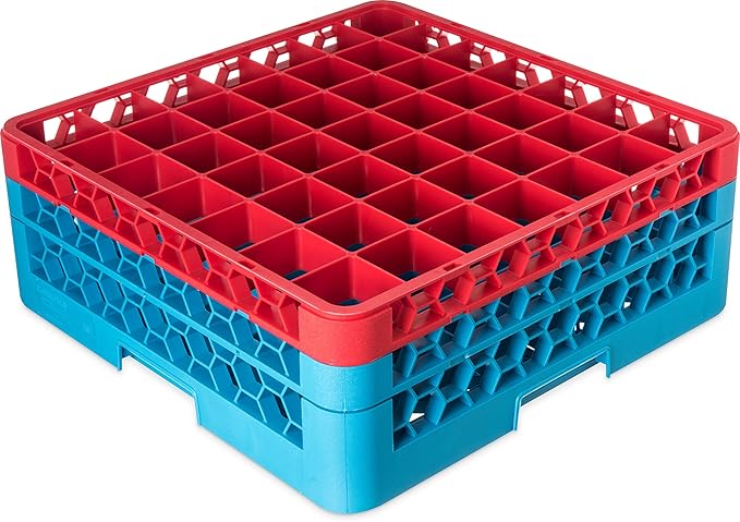 CFS RG49-2C410 OptiClean 49 Compartment Glass Rack with 2 Extenders, 7.12", Polypropylene, Red/CFS Blue