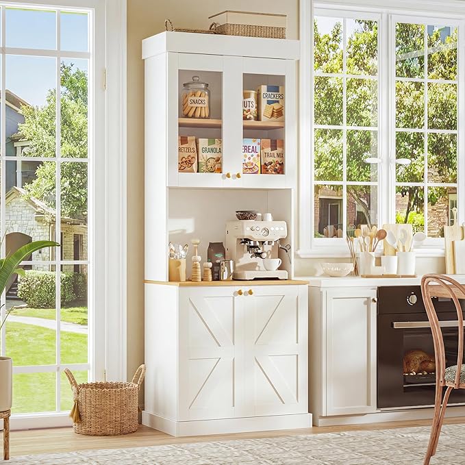 71" Farmhouse Kitchen Pantry Cabinet Set of 3, White Freestanding Coffee Bar Hutch with Glass Doors, Drawers & Adjustable Shelves, Large Storage Cabinet with Microwave Stand for Kitchen