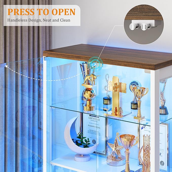 Glass Display Cabinet with Door, 4-Tier Curio Cabinet with 2 Drawers and Adjustable Glass Height Showcase, Display Case with 3 LED Light and Human Body Sensor, White