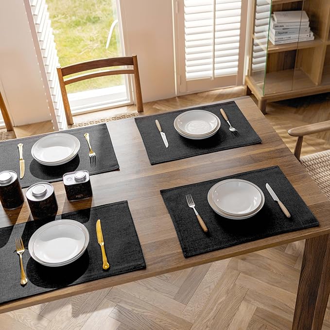Demetex Black Placemats Set of 4 Stain Resistant Cloth Place Mats Heat Resistant Linen Table Plate Mats for Kitchen Dining Party Gathering, Black