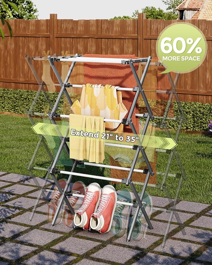 3-Tier Foldable Clothes Drying Rack, 37.6" H, Tool-free Assembly, Extendable - Image 3