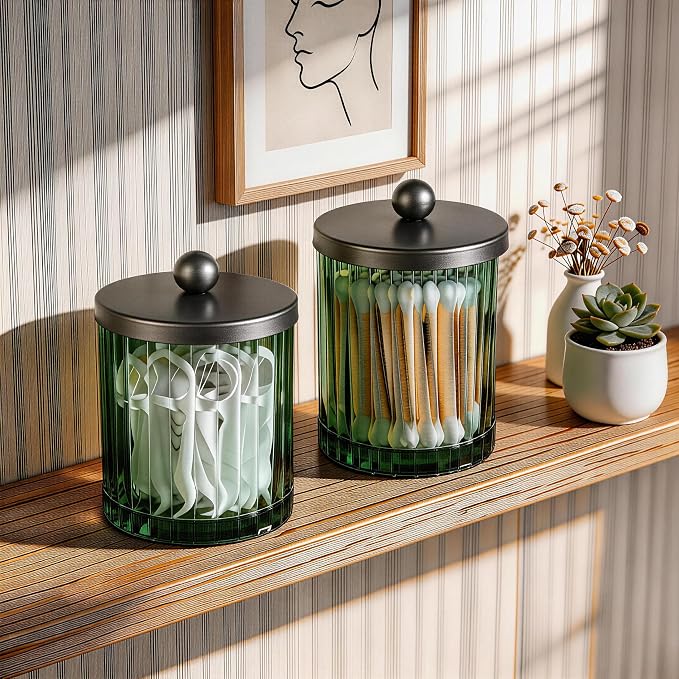 Amolliar Green Glass Qtip Holder Apothecary Jar Metal Lid - Image 7