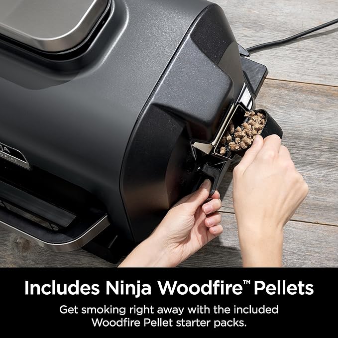 Ninja | Grill & Smoker | Outdoor Woodfire Pro XL | 4 in 1 Grill, BBQ Smoker, Air Fryer & Bake | Portable | Includes Built in Thermometer & 2 Woodfire Pellet Packs | Dark Grey | OG850