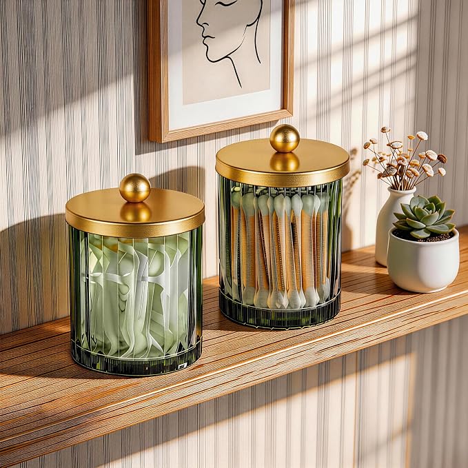 Amolliar Green Glass Qtip Holder Dispenser, Bathroom Canister - Image 7