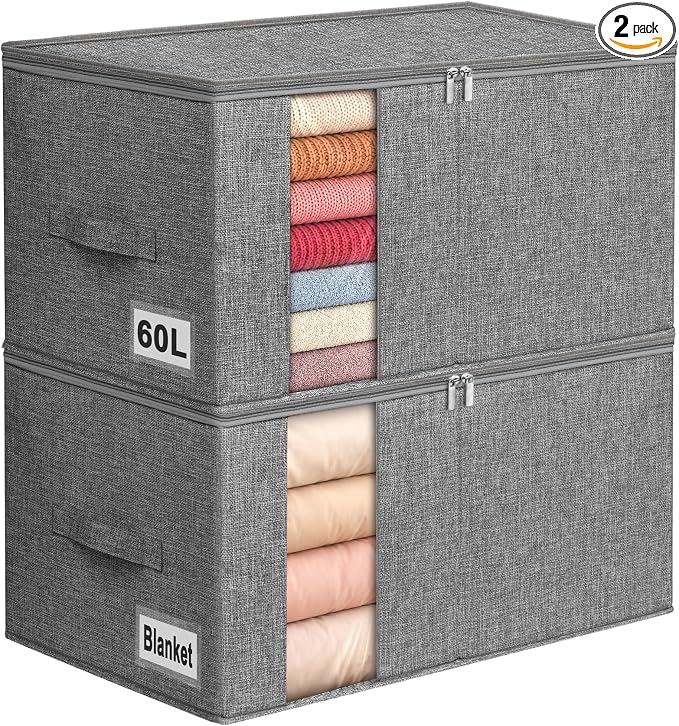60L Rigid-Sided Blanket Storage Bags, 2 Pack, Stackable Design, by Boailydi