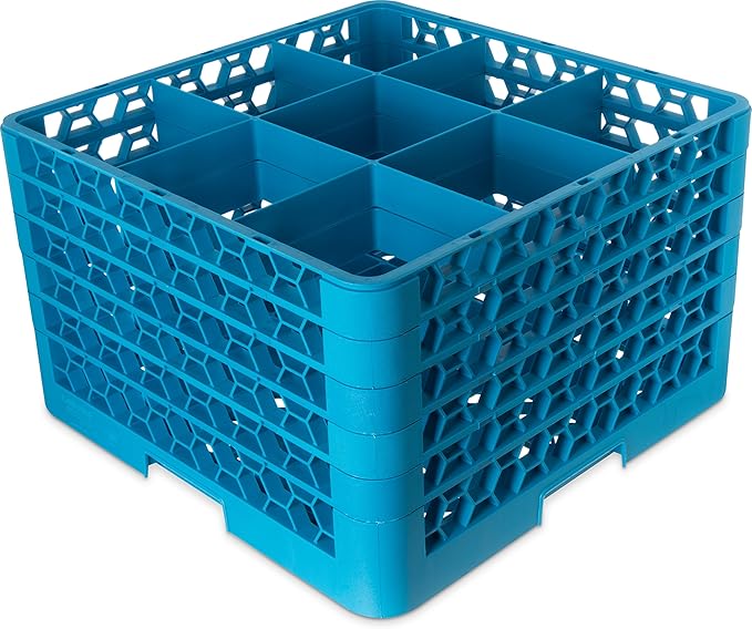 CFS RG9-514 OptiClean 9 Compartment Glass Rack with 5 Extenders, 11.9", Blue, Polypropylene, Blue