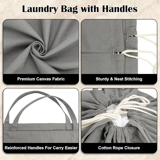 Canvas Laundry Bag with Handles & Square Base, 13.8"Wx13.8"Dx27.6"H - Image 4