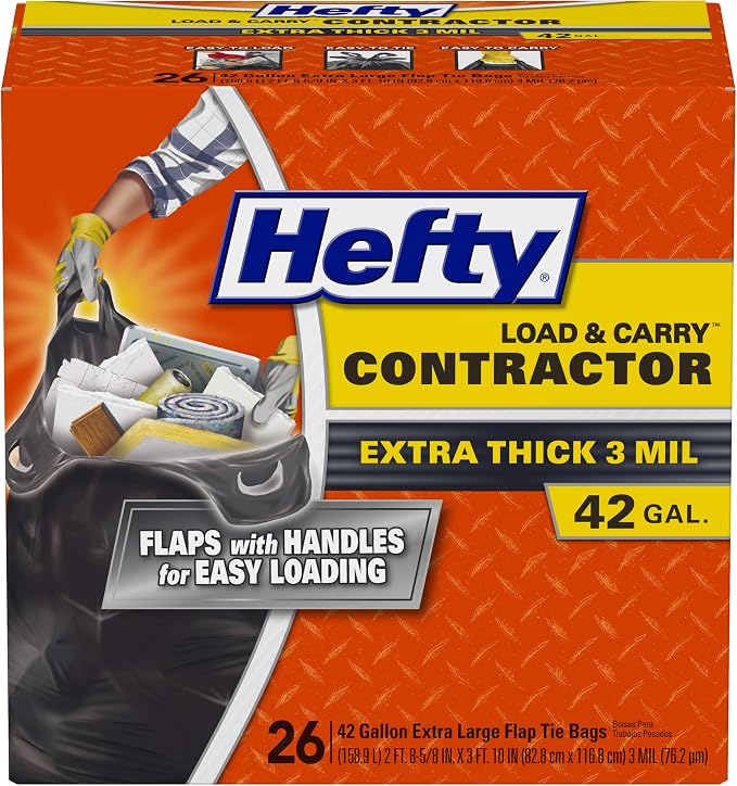 Hefty Load and Carry Contractor 42 Gallon Trash Bags, 3.0 Mil, 26ct | Extra by Hefty