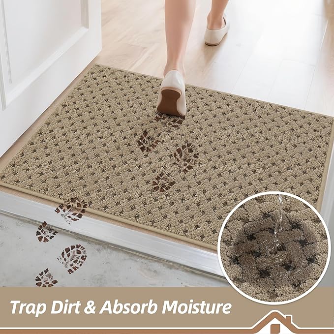 BEQHAUSE Dirt Trapper Door Mat Non-Slip Entryway Rugs Stain Resistant Absorbent Dog Doormats Woven-Look Washable Welcome Floor Doormat for Front Back Door, Muddy Wet Shoes & Paws, 20" x 32", Beige