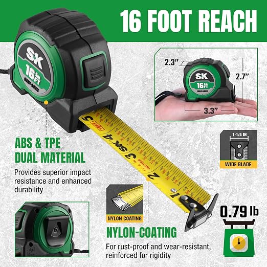 SK 16FT Tape Measure with Magnetic Hook and Self-Locking Mechanism - Image 3