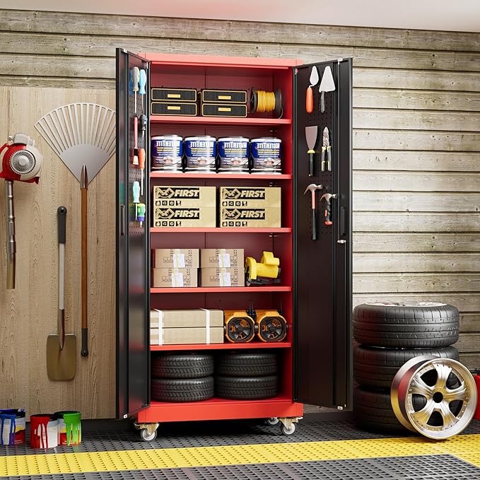 Aobabo Metal Garage Storage Cabinets with Wheels,Steel Cabinets with 5 Adjustable Shelves for Garage Home Office Storage, Red-Black,Assembly Required