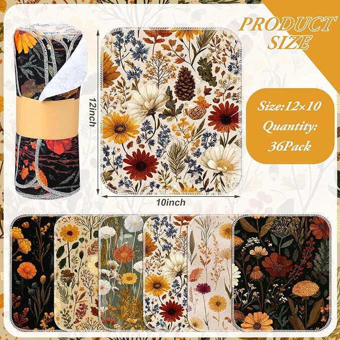 Reusable Kitchen Cloths Cotton Towel, 36 Pack, Fall Wildflower - Image 2