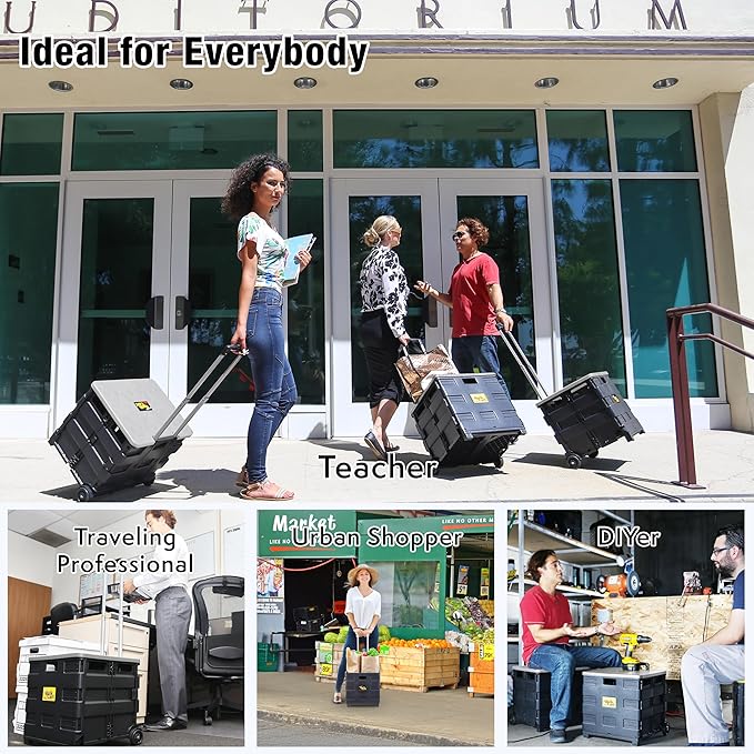dbest products Quik Cart Collapsible Rolling Crate on Wheels for Teachers Tote Basket 80 lbs Capacity, Made from Heavy Duty Plastic and Used as a Seat, Grey