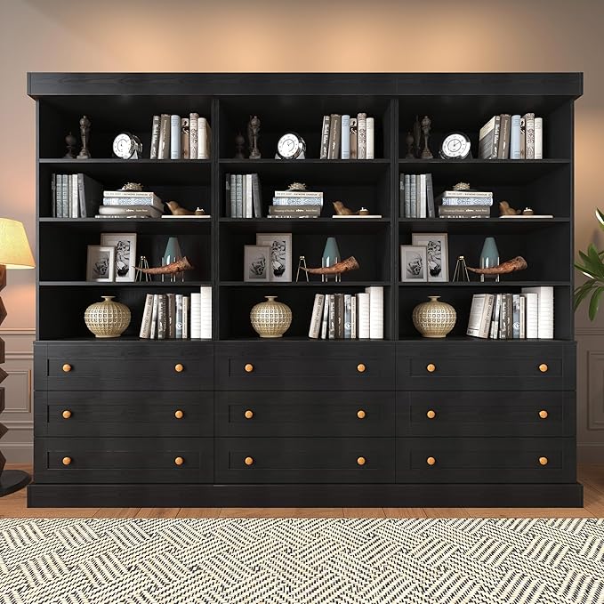 Vyre 71" Tall Farmhouse Kitchen Pantry, Set of 3 Large Storage Cabinets with 3 Drawers, Adjustable Shelves, Wood Versatile Hutch Cabinet for Living Room, Dining Room, Black